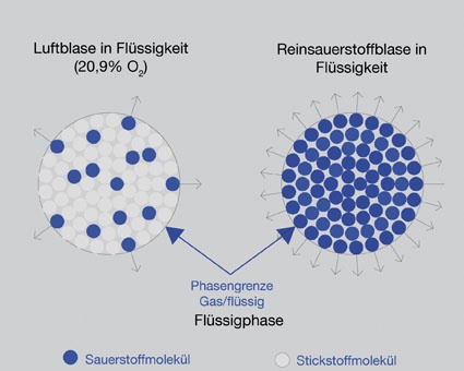Vergleich einer Luft- mit einer Reinsauerstoffblase in Flüssigkeit