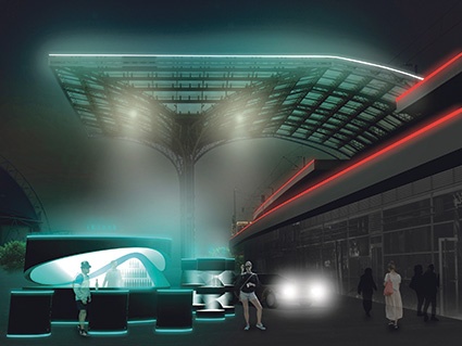 Have a coffee at the kiosk while your e-car charges next to it at a station...