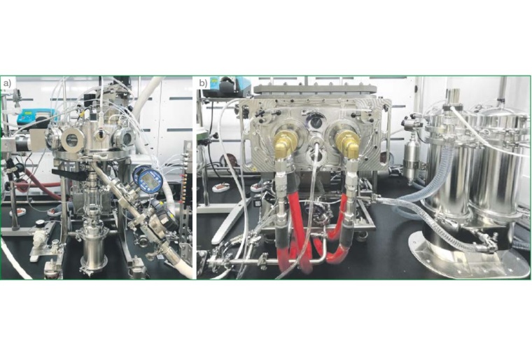 Fig. 1. Proprietary Continuus unit operations: a) continuous rotary filter, and...