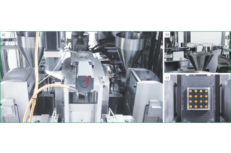 Fig. 2. Proprietary Continuus extrusion molding unit operation: a) main view,...