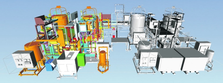 3D-Modell der zweiten Produktionslinie (Single-use Bioreaktoren in orange,...