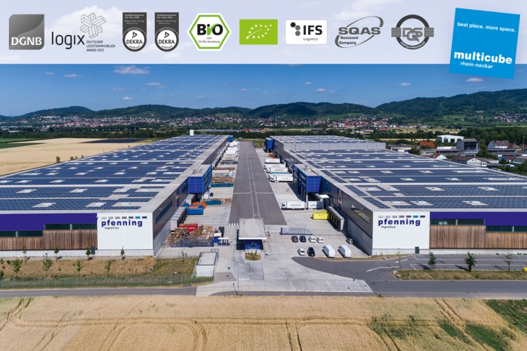 Außenansicht des Multicube Rhein-Neckar mit Zertifizierungssiegeln. ©...