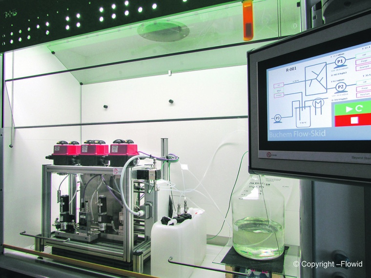 Flow-enabled tonne-scale production from a fume hood at Buchem. © Chemtrix