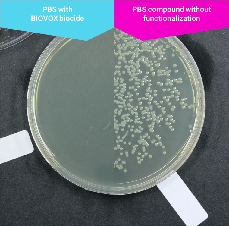 Successful ISO 22196 test of fully biodegradable polybutylene succinate (PBS)...