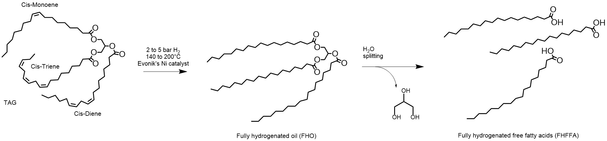 Figure 3.  The full hydrogenation of triglycerides followed by splitting for the manufacture of saturated free fatty acids.