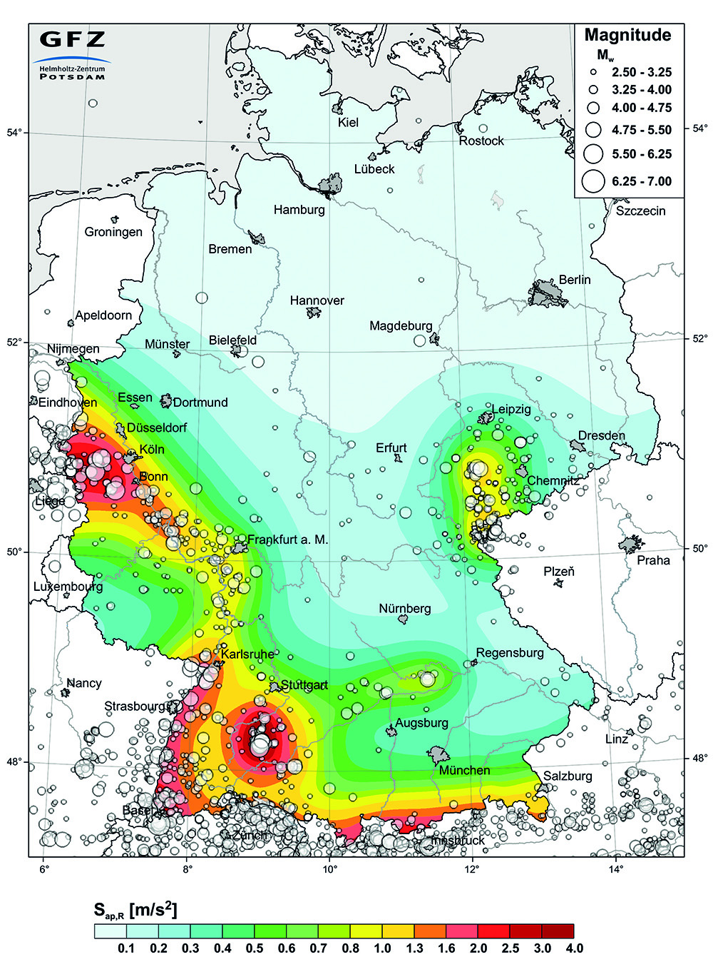 © Karte der Erdbebengefährdung für Deutschland. Grafik: G. Grünthal et al.,  Helmholtz-Zentrum Potsdam - Deutsches GeoForschungsZentrum.